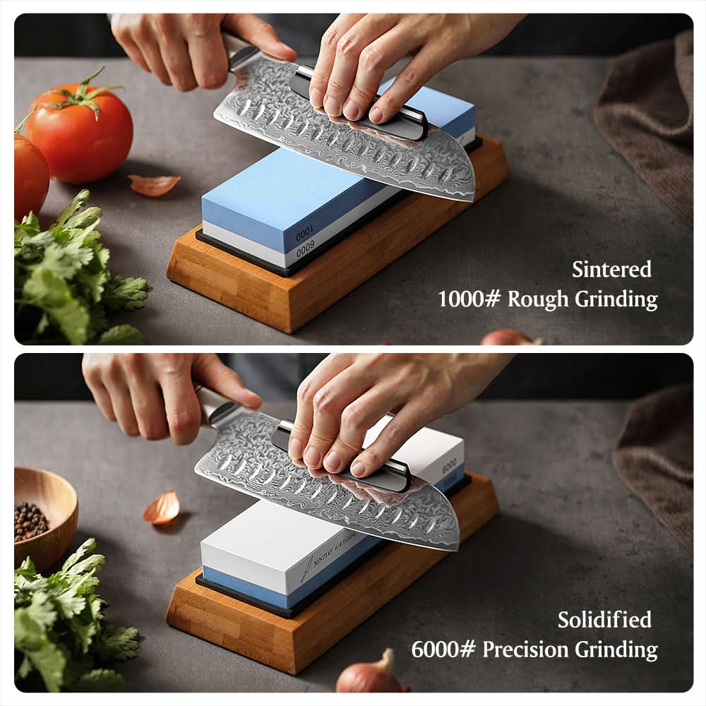 XINZUO Double Side 1000/6000 Grit Whetstone Kitchen Knife Accessories Free Gift Include Non-slip Base+ Bamboo Holder+ AngIe Guide
