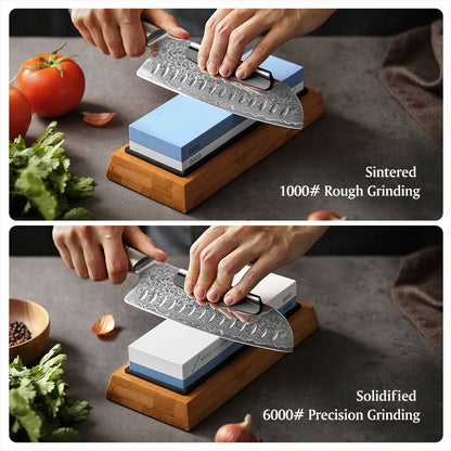 XINZUO Double Side 1000/6000 Grit Whetstone Kitchen Knife Accessories Free Gift Include Non-slip Base+ Bamboo Holder+ AngIe Guide