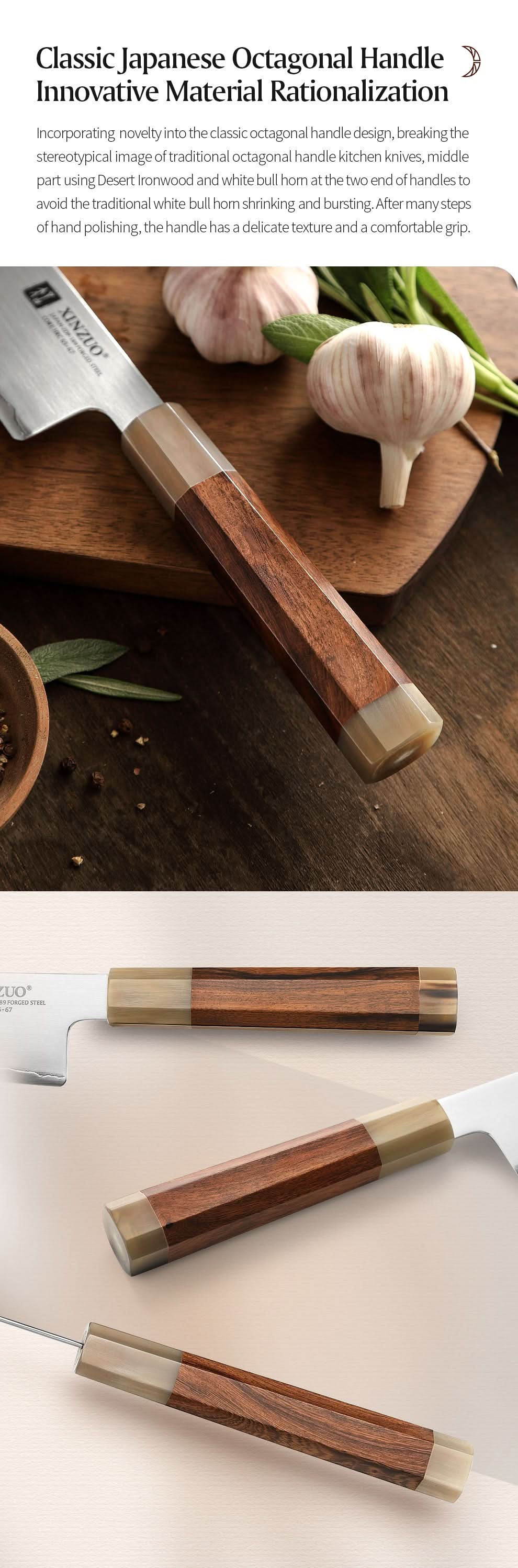 XINZUO Zhen XZ05 Series ZDP-189 Powder Steel Steak Knife 5.5 Inch, Made of Three-layer Composite Steel, Hardness Reaches 65-67HRC, Desert lronwood Octagonal HandIe