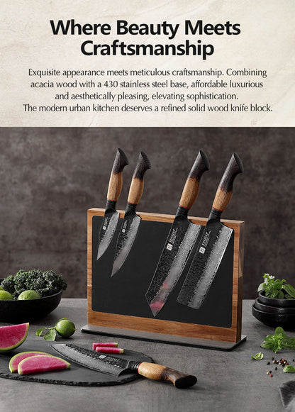 XINZUO Acacia Wood Dual-Side Magnetic Knife Holder with Leather | Raw & Cooked Food Zone Separation for Maximum Hygiene