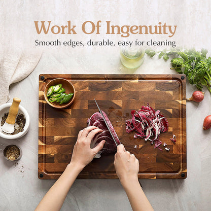 XINZUO Large Reversible End Grain Cutting Board - Acacia Wood with Juice Groove,Drain TPR Feet & Gift Box, Size 19.1" x 14" x 1.5"