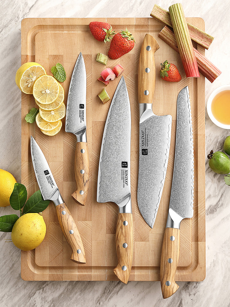 XINZUO 5PCS Kitchen Knife Set - Triple-Layer Composited Steel with Olive Wood Handle, Razor Sharp & Ergonomic Design-PIN Series