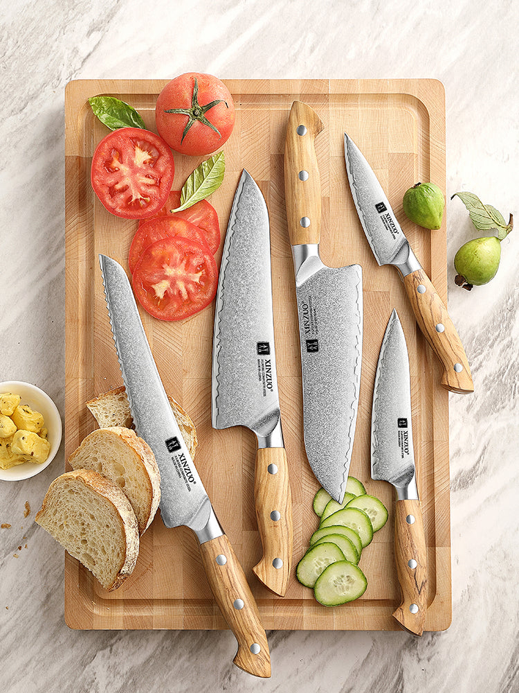 XINZUO 5PCS Kitchen Knife Set(Granton Chef, Santoku, Bread, Utility & Paring Knives) - Triple-Layer Composited Steel with Olive Wood Handle, Razor Sharp & Ergonomic Design-PIN Series