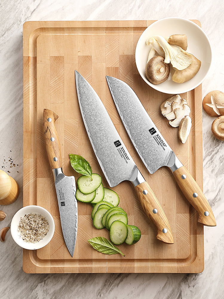 XINZUO 3PCS Kitchen Knife Set - Triple-Layer Composited Steel with Olive Wood Handle, Razor Sharp & Ergonomic Design-PIN Series