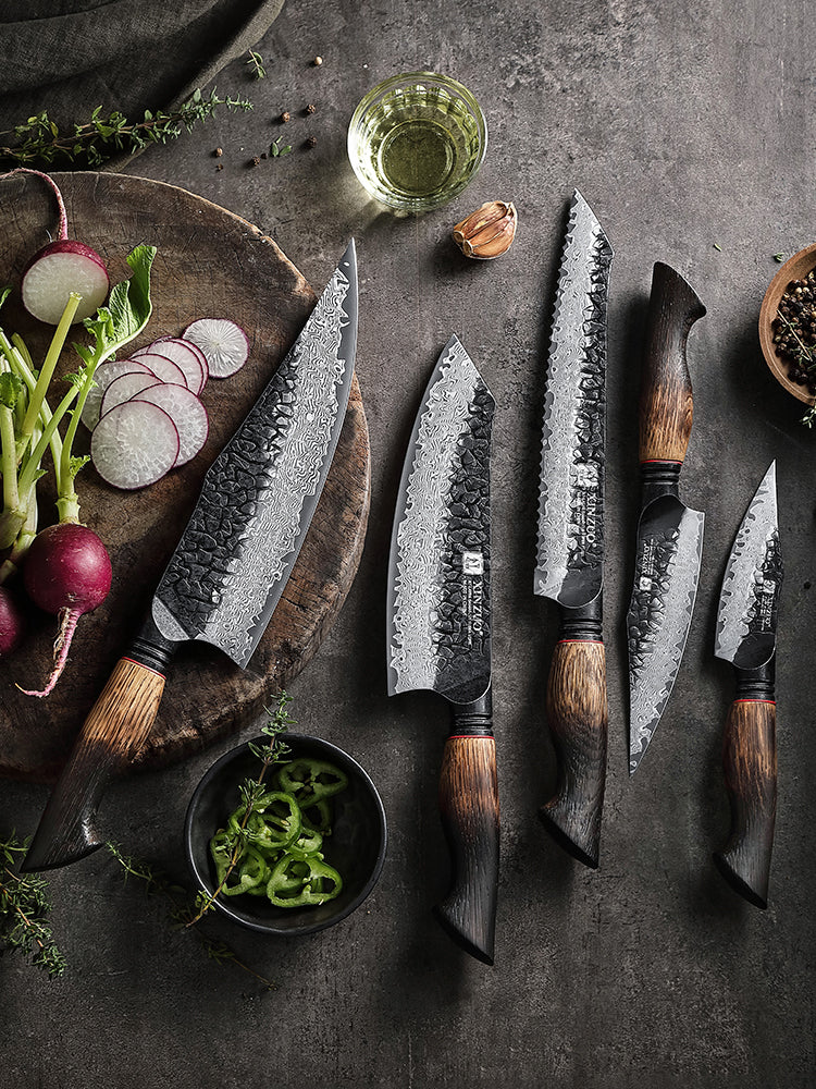 XINZUO 5-Piece Knife Set, 67 Layers Black Damascus Steel,Burnt Oak Handle MO-Series