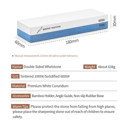 XINZUO Double Side 1000/6000 Grit Whetstone Kitchen Knife Accessories Free Gift Include Non-slip Base+ Bamboo Holder+ AngIe Guide