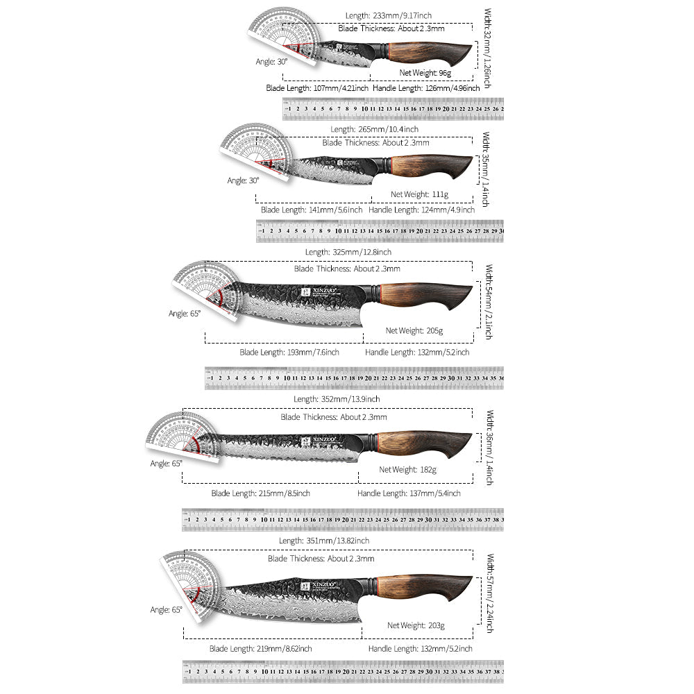 XINZUO 5-Piece Knife Set, 67 Layers Black Damascus Steel,Burnt Oak Handle MO-Series