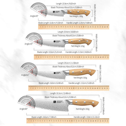 XINZUO 8PCS Kitchen Knife Set - Triple-Layer Composited Steel with Olive Wood Handle, Razor Sharp & Ergonomic Design-PIN Series