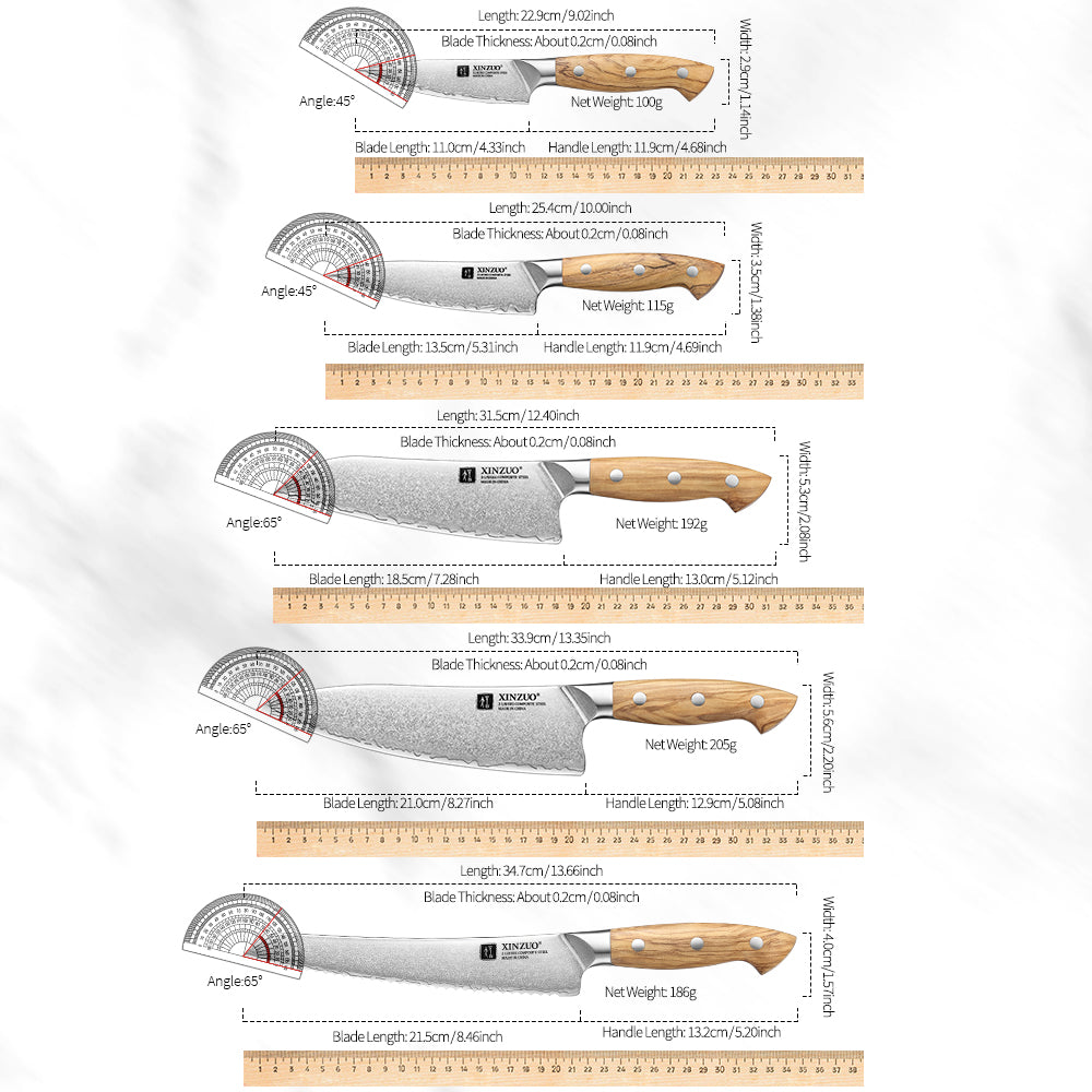 XINZUO 5PCS Kitchen Knife Set - Triple-Layer Composited Steel with Olive Wood Handle, Razor Sharp & Ergonomic Design-PIN Series