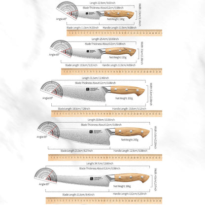 XINZUO 5PCS Kitchen Knife Set - Triple-Layer Composited Steel with Olive Wood Handle, Razor Sharp & Ergonomic Design-PIN Series