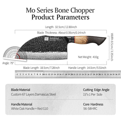 XINZUO 7.3 Inch Heavy Duty Bone Chopping Knife 67 Layers Damascus Steel with Burnt Oak Handle – Professional Butcher & Kitchen Cleaver