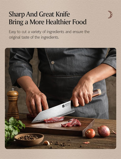 XINZUO Zhen XZ05 Series ZDP-189 Powder Steel Kiritsuke Chef Knife 8.5 Inch, Made of Three-layer Composite Steel, Hardness Reaches 65-67HRC, Desert lronwood Octagonal HandIe