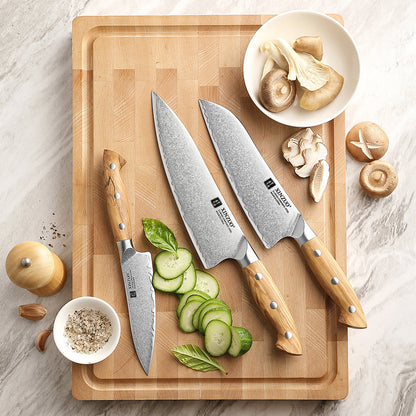 XINZUO 3PCS Kitchen Knife Set - Triple-Layer Composited Steel with Olive Wood Handle, Razor Sharp & Ergonomic Design-PIN Series