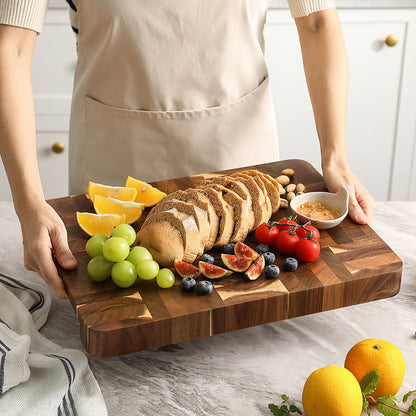 XINZUO Acacia Wood End Grain Cutting Board with Integrated Serving Tray Groove,Anti-Slip Feet,Gift Box, Size 16.1" x 12.2" x 1.65"