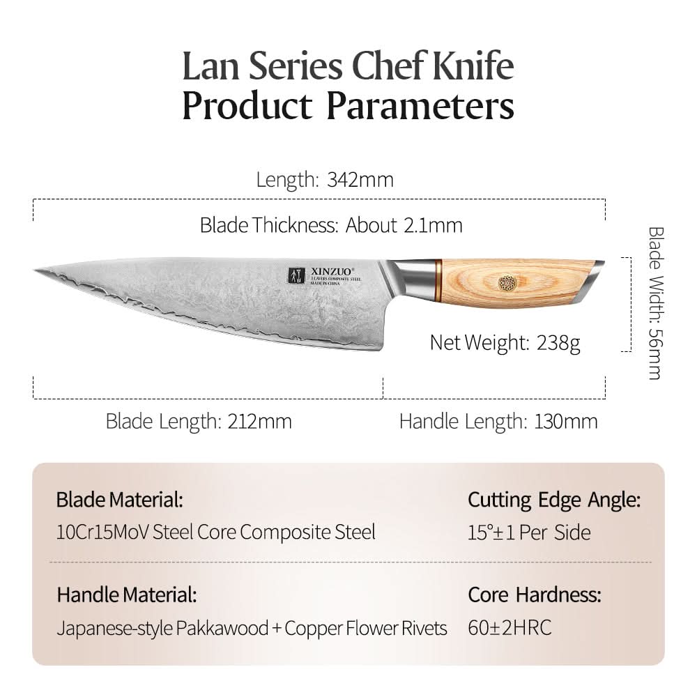 XINZUO Lan Series 3-layer Composite Steel 8.5 inches Chef Knife
