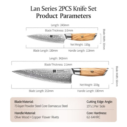 XINZUO Lan Series 73 Layers Damascus Powder Steel 2PCS Knife Set,62-64HRC