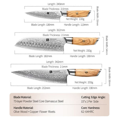 XINZUO Lan Series 73 Layers Damascus Powder Steel 3PCS Knife Set