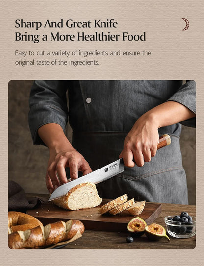XINZUO Zhen XZ05 Series ZDP-189 Powder Steel Bread Knife 9 Inch, Made of Three-layer Composite Steel, Hardness Reaches 65-67HRC, Desert lronwood Octagonal HandIe