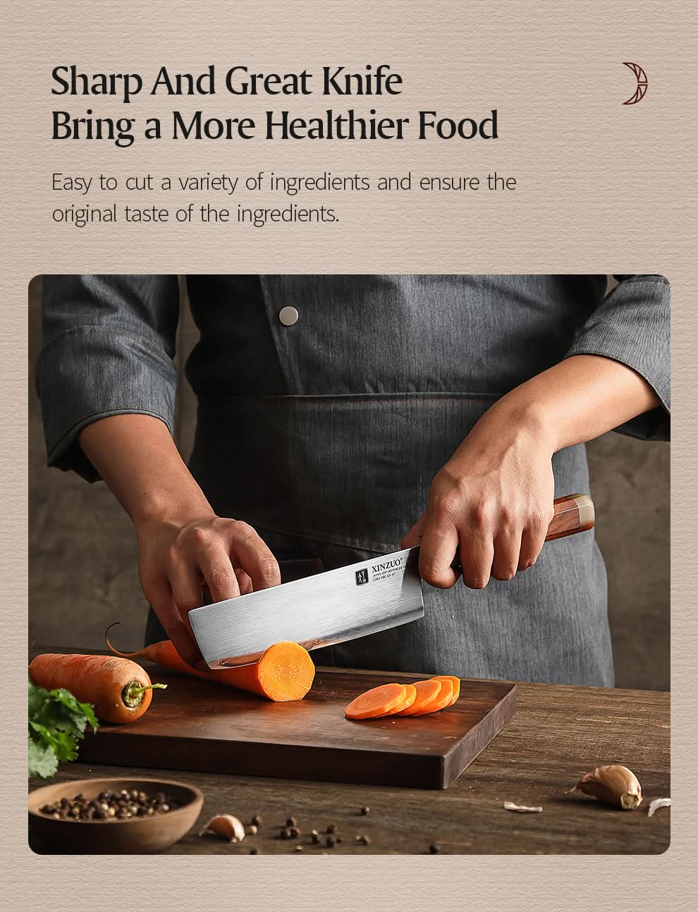 XINZUO Zhen XZ05 Series ZDP-189 Powder Steel Nakiri Knife 7.5 Inch, Made of Three-layer Composite Steel, Hardness Reaches 65-67HRC, Desert lronwood Octagonal HandIe