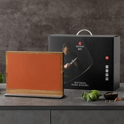 XINZUO Acacia Wood Dual-Side Magnetic Knife Holder with Leather | Raw & Cooked Food Zone Separation for Maximum Hygiene