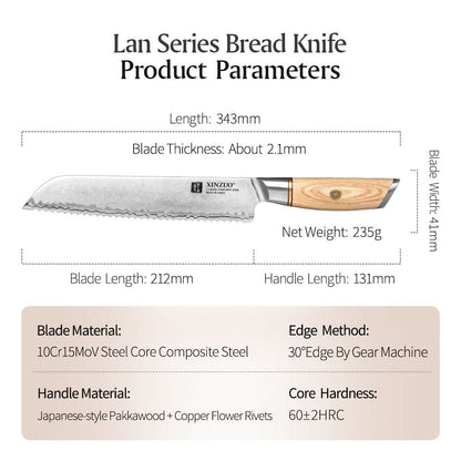 XINZUO Lan Series 3-layer Composite Steel  8.5 inches Bread Knife