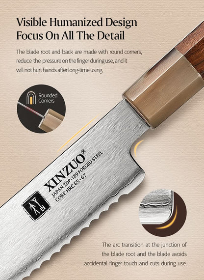 XINZUO Zhen XZ05 Series ZDP-189 Powder Steel Bread Knife 9 Inch, Made of Three-layer Composite Steel, Hardness Reaches 65-67HRC, Desert lronwood Octagonal HandIe