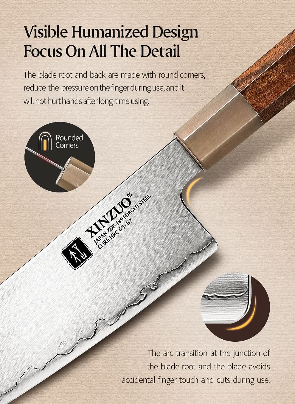 XINZUO Zhen XZ05 Series ZDP-189 Powder Steel Santoku Knife 7.5 Inch, Made of Three-layer Composite Steel, Hardness Reaches 65-67HRC, Desert lronwood Octagonal HandIe