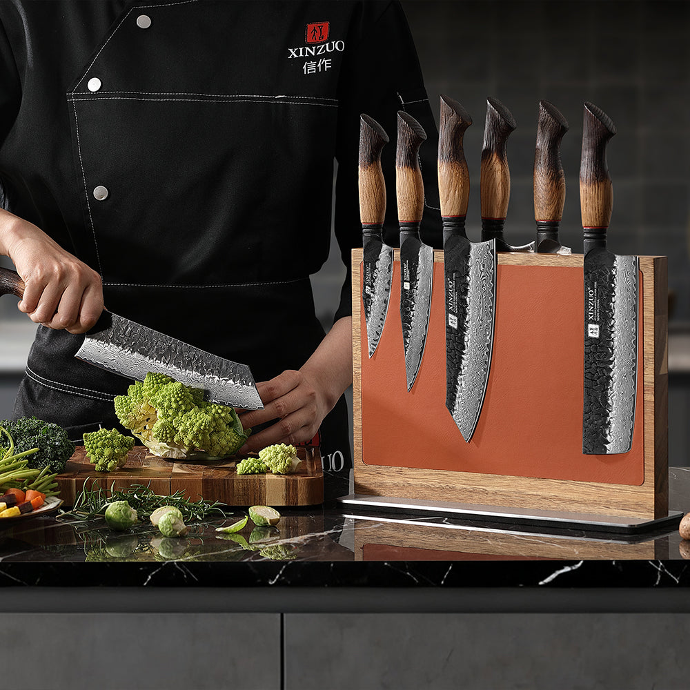 XINZUO Acacia Wood Dual-Side Magnetic Knife Holder with Leather | Raw & Cooked Food Zone Separation for Maximum Hygiene