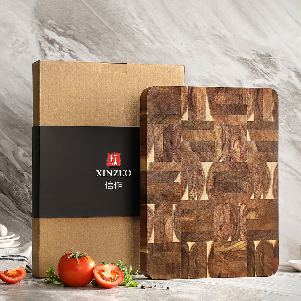 XINZUO Acacia Wood End Grain Cutting Board with Integrated Serving Tray Groove,Anti-Slip Feet,Gift Box, Size 16.1" x 12.2" x 1.65"