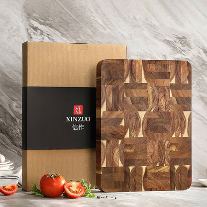 XINZUO Acacia Wood End Grain Cutting Board with Integrated Serving Tray Groove,Anti-Slip Feet,Gift Box, Size 16.1" x 12.2" x 1.65"