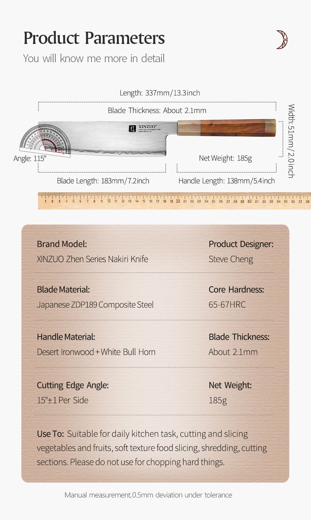 XINZUO Zhen XZ05 Series ZDP-189 Powder Steel Nakiri Knife 7.5 Inch, Made of Three-layer Composite Steel, Hardness Reaches 65-67HRC, Desert lronwood Octagonal HandIe