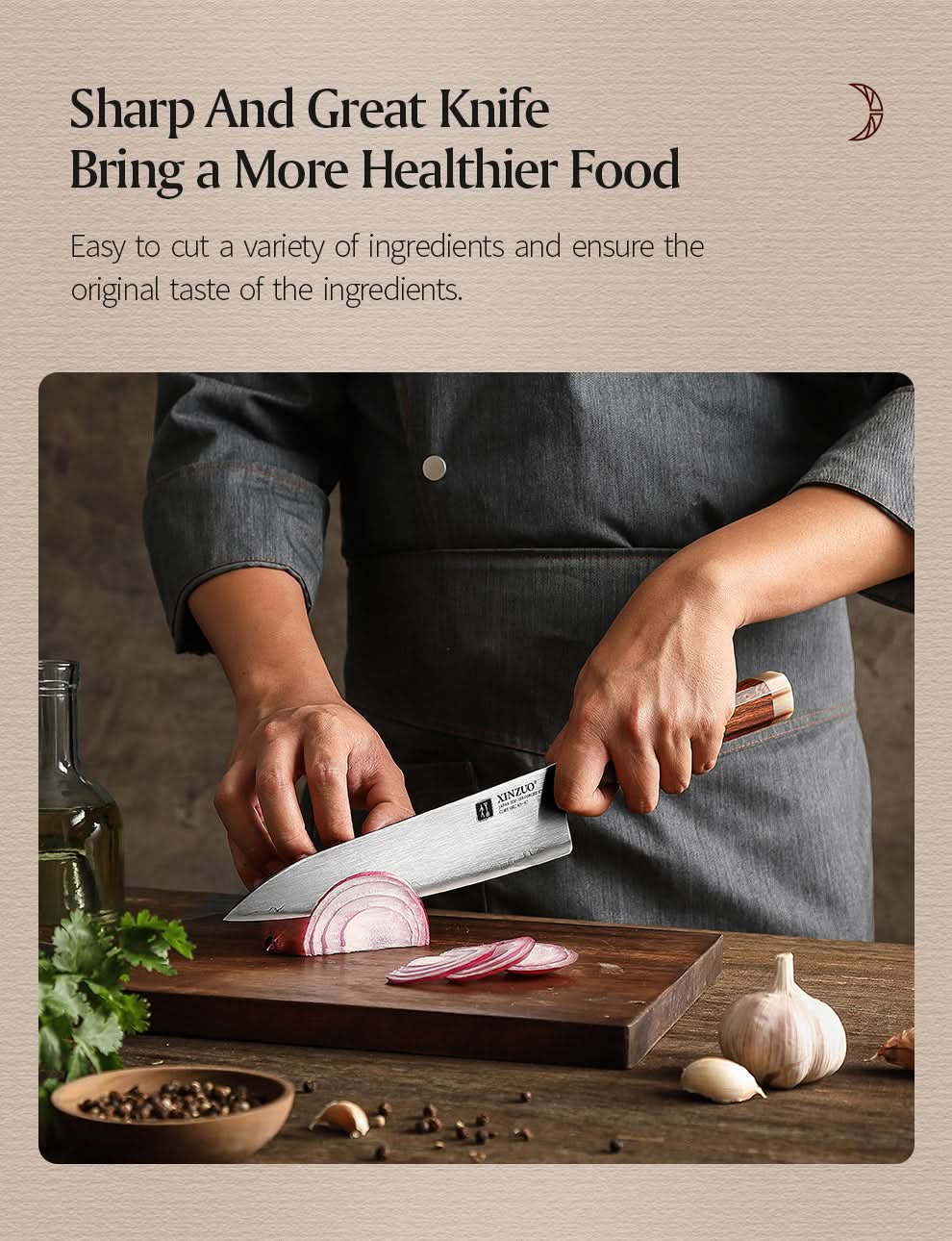 XINZUO Zhen XZ05 Series ZDP-189 Powder Steel Chef Knife 8.5 Inch, Made of Three-layer Composite Steel, Hardness Reaches 65-67HRC, Desert lronwood Octagonal HandIe