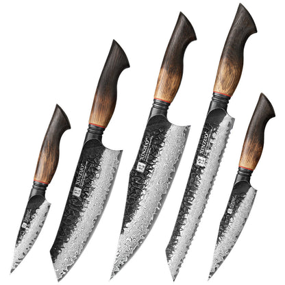 XINZUO 5-Piece Knife Set, 67 Layers Black Damascus Steel,Burnt Oak Handle MO-Series