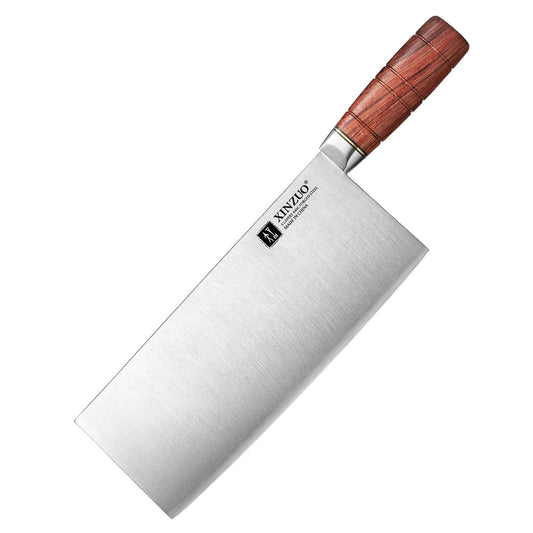 XINZUO 9 Inches Chinese Slicing Knife, 3 Layers Clad Steel with Red Wood Handle & Copper Rivets, 58~60HRC - FU Series