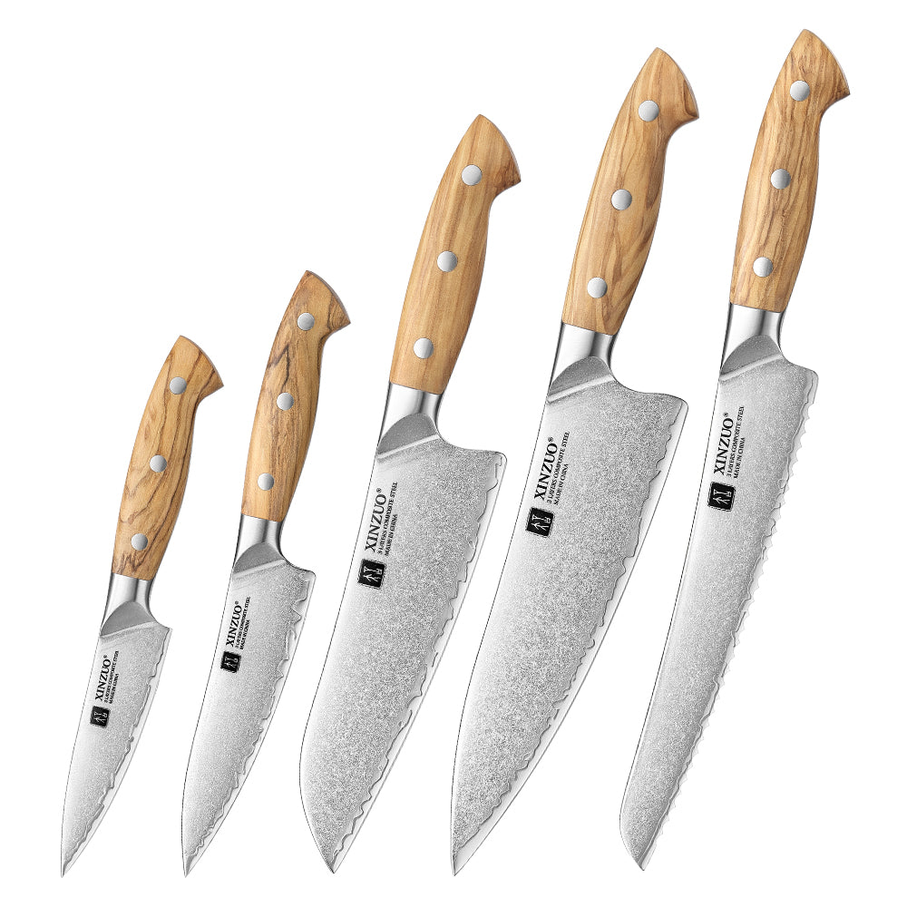 XINZUO 5PCS Kitchen Knife Set - Triple-Layer Composited Steel with Olive Wood Handle, Razor Sharp & Ergonomic Design-PIN Series