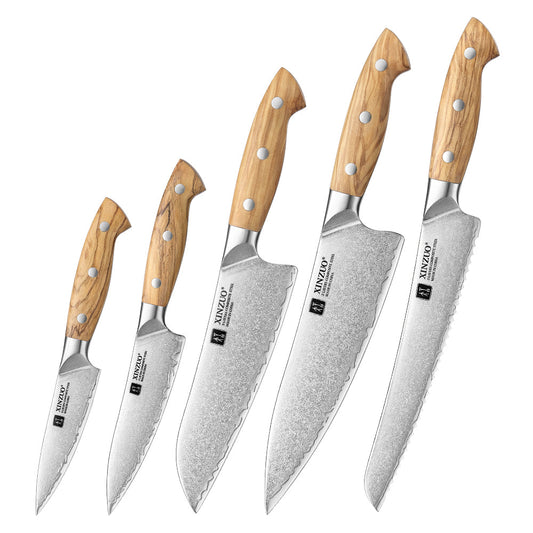 XINZUO 5PCS Kitchen Knife Set - Triple-Layer Composited Steel with Olive Wood Handle, Razor Sharp & Ergonomic Design-PIN Series