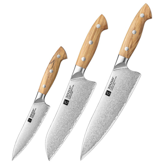 XINZUO 3PCS Kitchen Knife Set - Triple-Layer Composited Steel with Olive Wood Handle, Razor Sharp & Ergonomic Design-PIN Series
