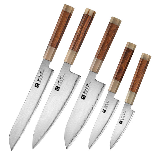 XINZUO Zhen XZ05 Series ZDP-189 Powder Steel Kitchen Knife 5pcs Set, Made of Three-layer Composite Steel, Hardness Reaches 65-67HRC, Desert lronwood Octagonal HandIe
